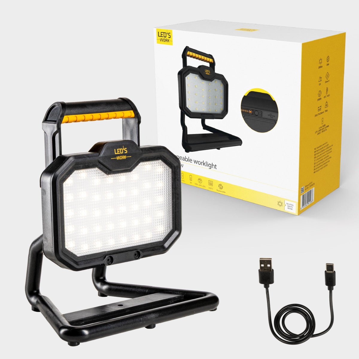 LED's Work LED Bouwlamp oplaadbaar 20W 2000lm - Werkt draadloos op accu - Stof- en waterdicht