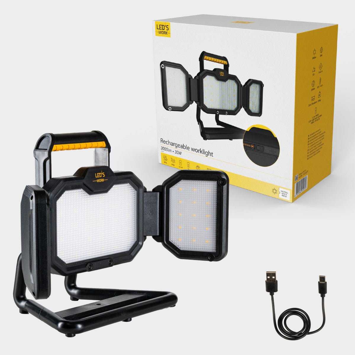 LED's Work LED Bouwlamp Werklamp Oplaadbaar 4000lm 30W Opvouwbaar & Compact