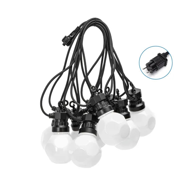 Lichtstring warmwit 8 meter (3+5) - 10 LED's milky | sproeidicht IP44 - koppelbaar (max 5) | 230VAC - 24V | met timer 6u aan/18u uit