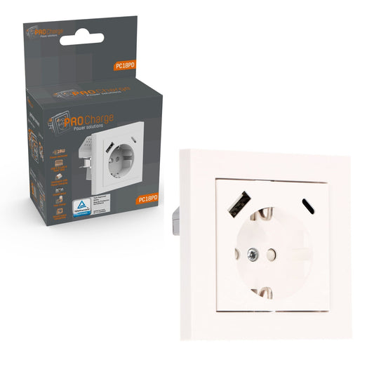 ProCharge Wandcontactdoos met USB-C en USB snelladers - Universeel - Wit - RAL9010